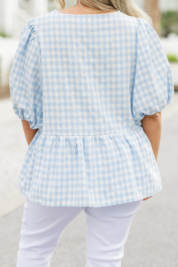 Chic Soul plus size clothing, short-puffed-sleeve blue and white gingham patterned baby doll top with a high-neckline and three bow ties tying the front of the top