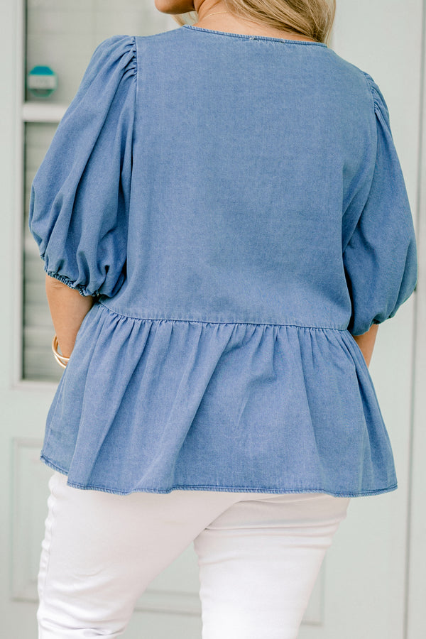 Chic Soul plus size clothing, denim top with three bows going down the  center of the shirt and bubble sleeves 