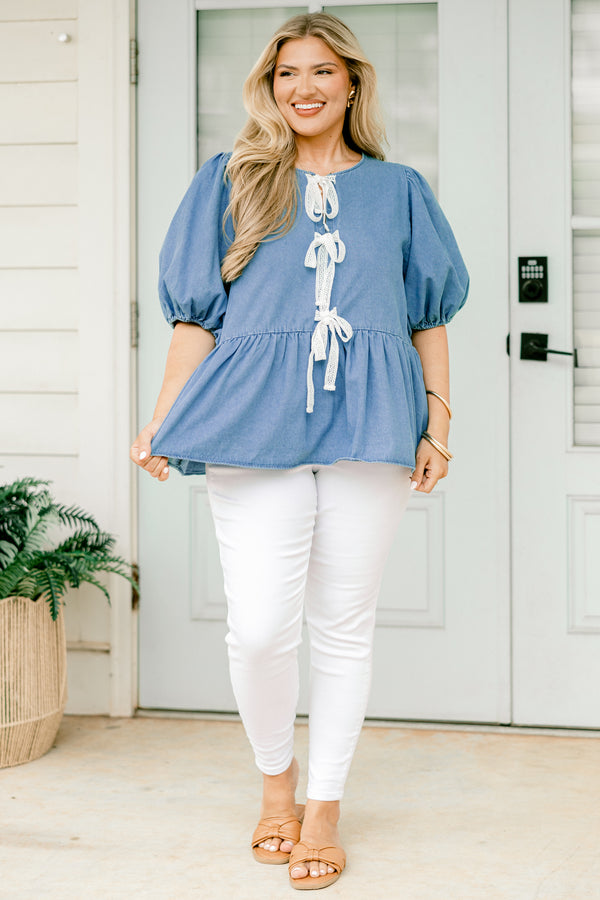 Chic Soul plus size clothing, denim top with three bows going down the  center of the shirt and bubble sleeves 