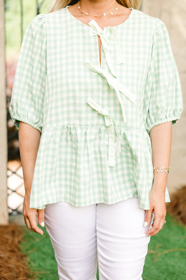 Chic Soul plus size clothing, light green gingham casual babydoll top with bubble sleeves and three ties on front