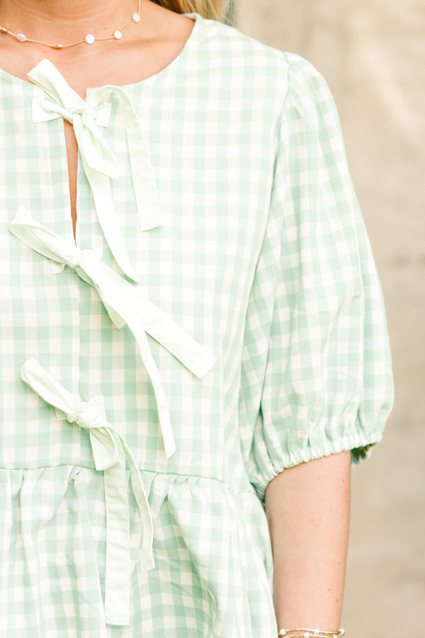 Chic Soul plus size clothing, light green gingham casual babydoll top with bubble sleeves and three ties on front