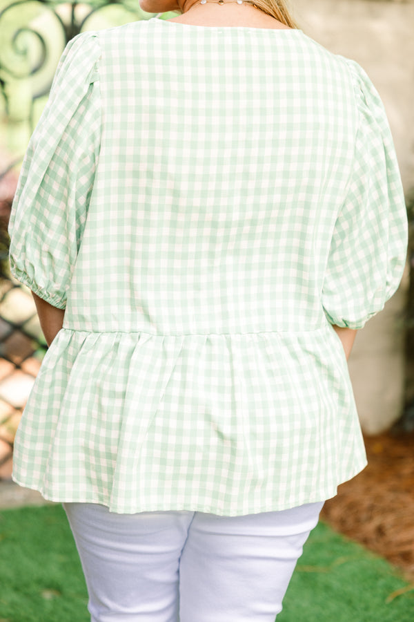 Chic Soul plus size clothing, light green gingham casual babydoll top with bubble sleeves and three ties on front