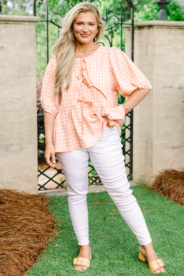 Chic Soul plus size clothing, pink gingham print short puff sleeve babydoll top with three bow ties along the front