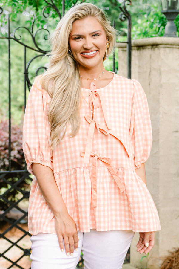 Chic Soul plus size clothing, pink gingham print short puff sleeve babydoll top with three bow ties along the front