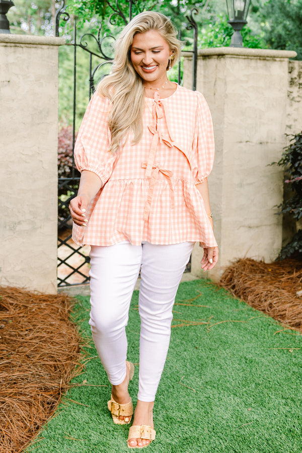 Chic Soul plus size clothing, pink gingham print short puff sleeve babydoll top with three bow ties along the front