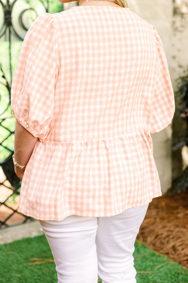 Chic Soul plus size clothing, pink gingham print short puff sleeve babydoll top with three bow ties along the front