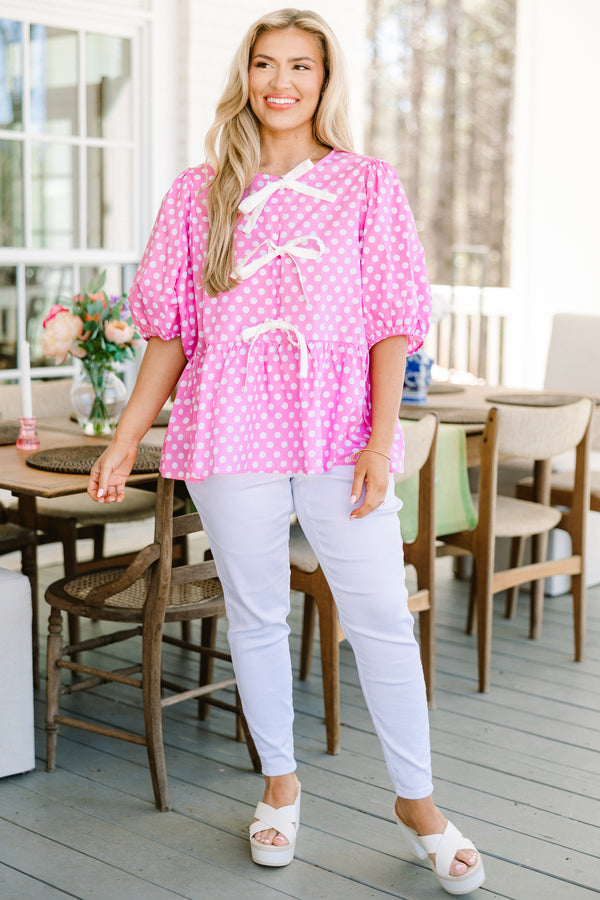 Chic Soul plus size clothing, pink and white polka dot short puff sleeve top with three white bows on the front