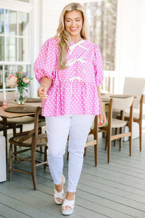 Chic Soul plus size clothing, pink and white polka dot short puff sleeve top with three white bows on the front
