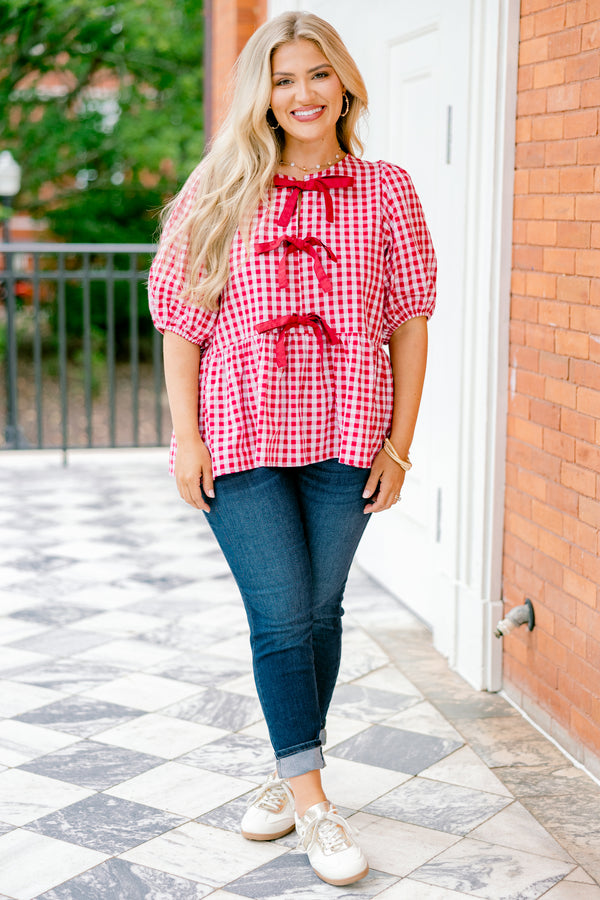 Chic Soul plus size clothing, red and white gingham short-bubble sleeve babydoll top with three red bows on front