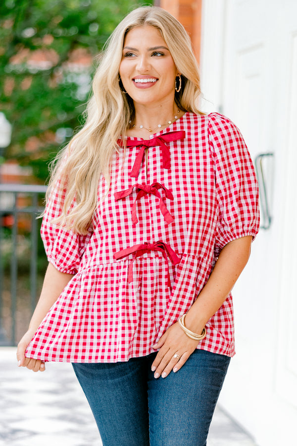 Chic Soul plus size clothing, red and white gingham short-bubble sleeve babydoll top with three red bows on front