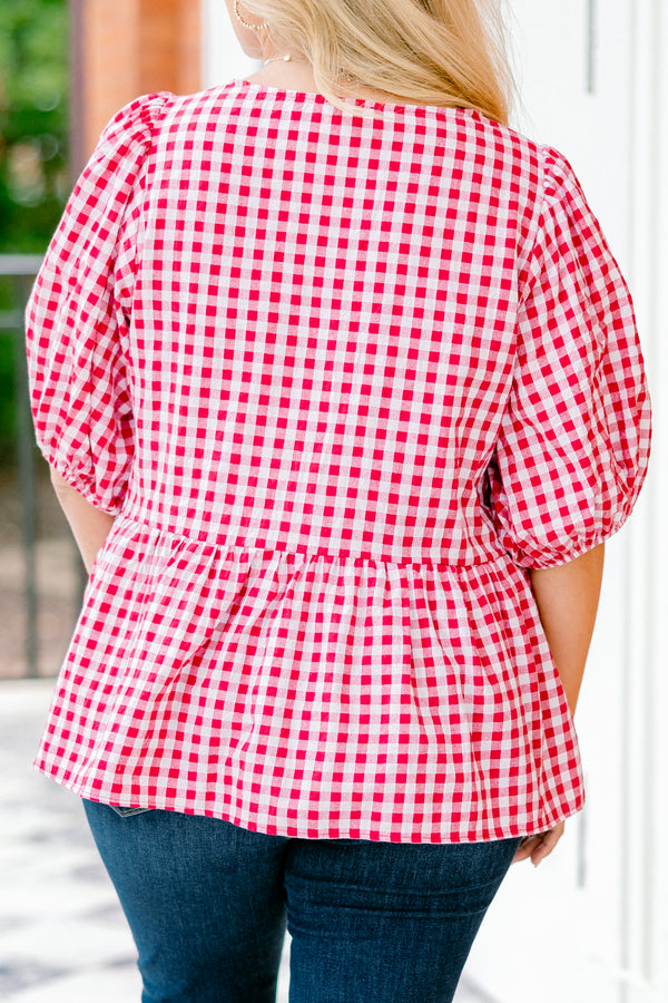 Chic Soul plus size clothing, red and white gingham short-bubble sleeve babydoll top with three red bows on front