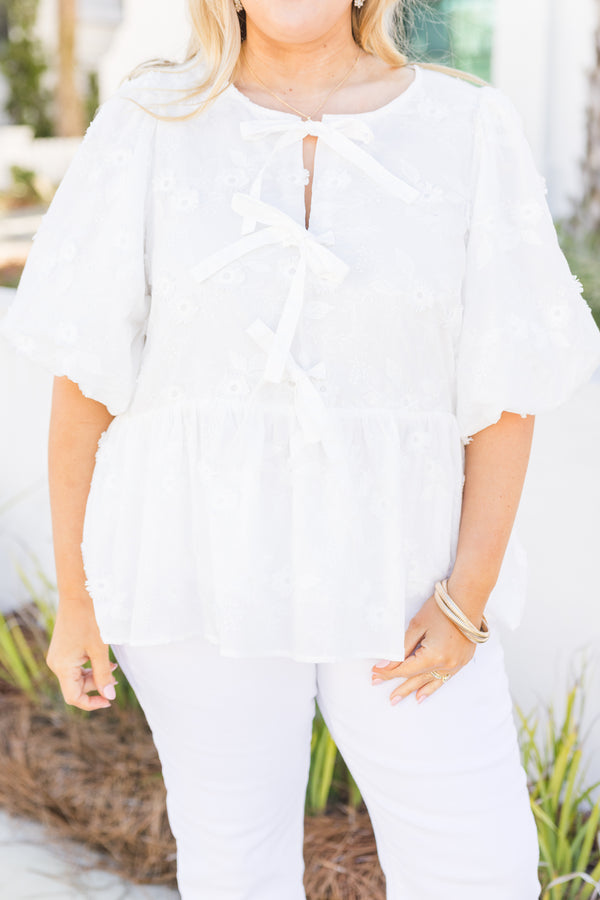Chic Soul plus size clothing, white puff sleeve baby doll top with 3 bows tying down the front