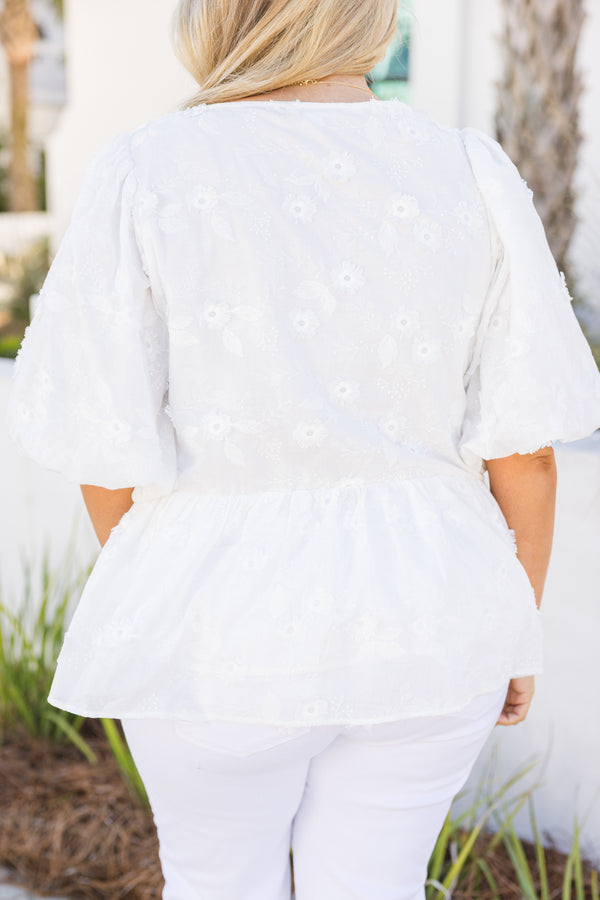 Chic Soul plus size clothing, white puff sleeve baby doll top with 3 bows tying down the front