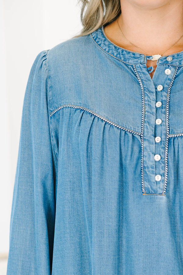 Plus size Take Me Along Top in chambray, featuring a flowy fit, button-up henley, and long sleeves.