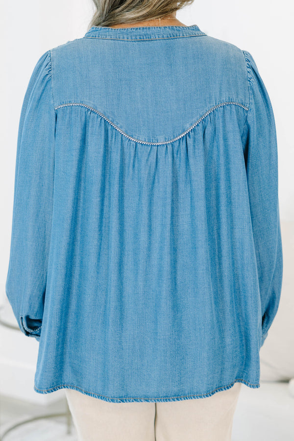Plus size Take Me Along Top in chambray, featuring a flowy fit, button-up henley, and long sleeves.