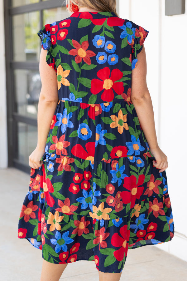 Chic Soul plus size clothing, black tiered midi dress with multicolor floral pattern and flutter sleeves