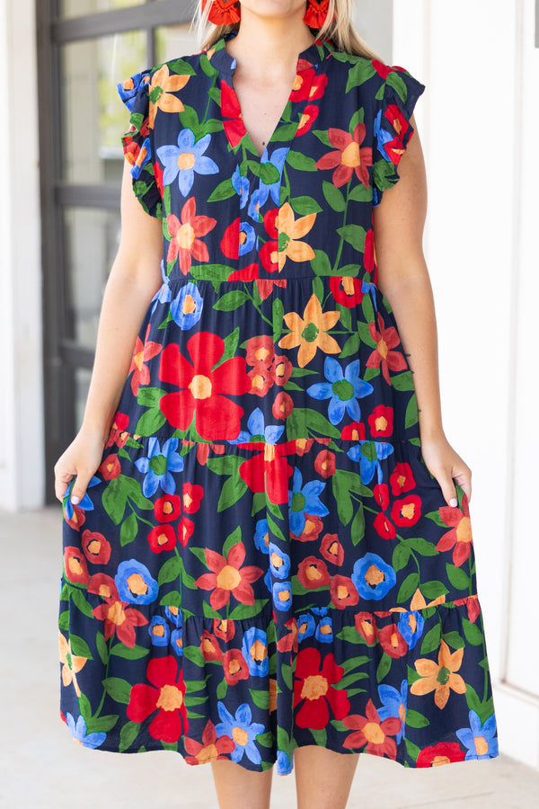 Chic Soul plus size clothing, black tiered midi dress with multicolor floral pattern and flutter sleeves