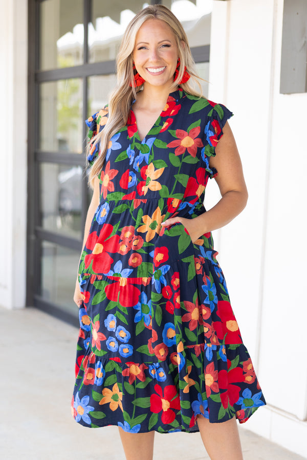 Chic Soul plus size clothing, black tiered midi dress with multicolor floral pattern and flutter sleeves