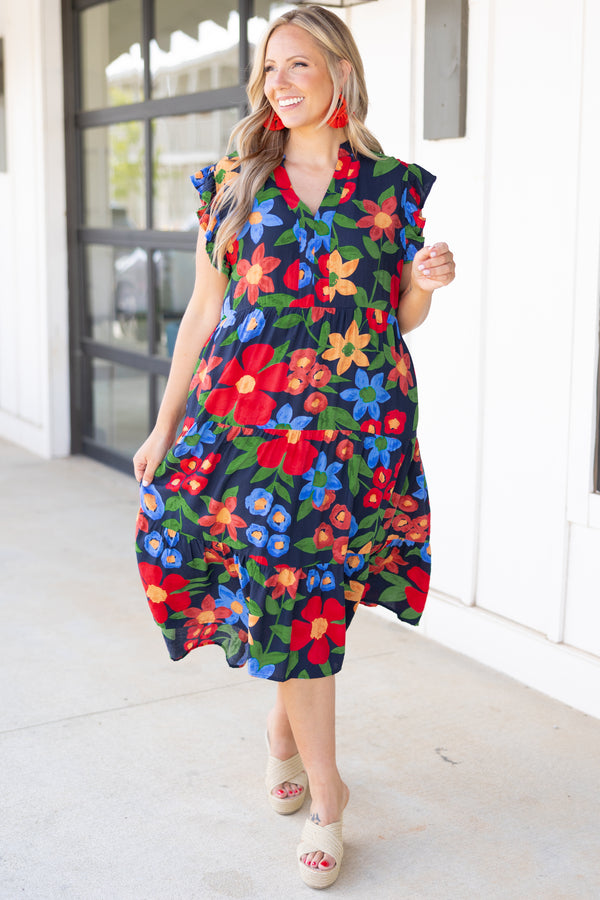 Chic Soul plus size clothing, black tiered midi dress with multicolor floral pattern and flutter sleeves