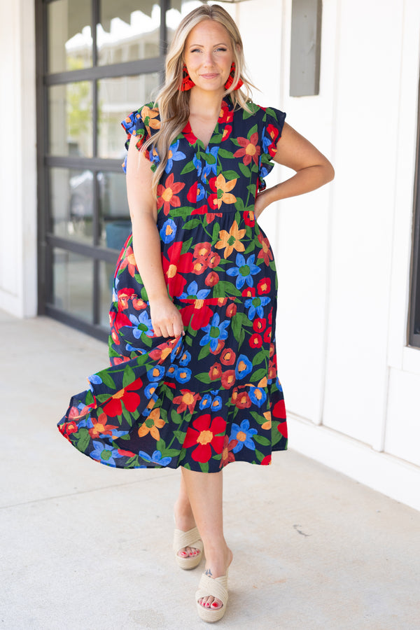 Chic Soul plus size clothing, black tiered midi dress with multicolor floral pattern and flutter sleeves