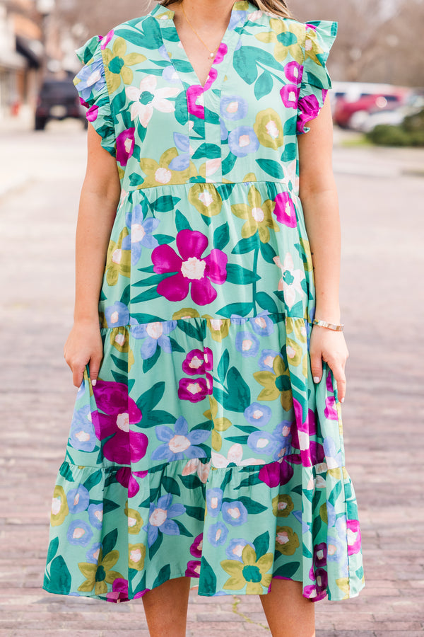 Chic Soul plus size clothing, sage midi dress with floral print with v neckline and ruffle short sleeves