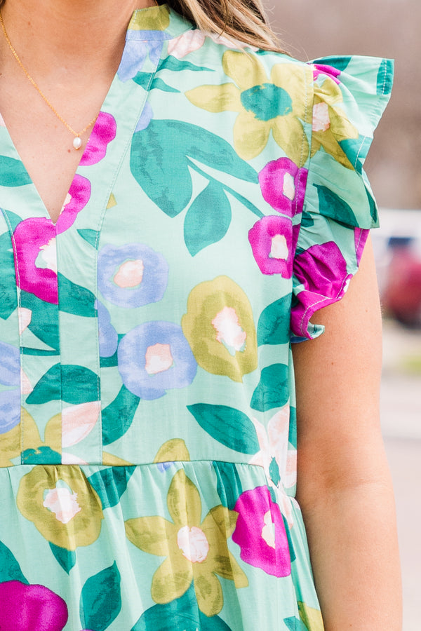 Chic Soul plus size clothing, sage midi dress with floral print with v neckline and ruffle short sleeves