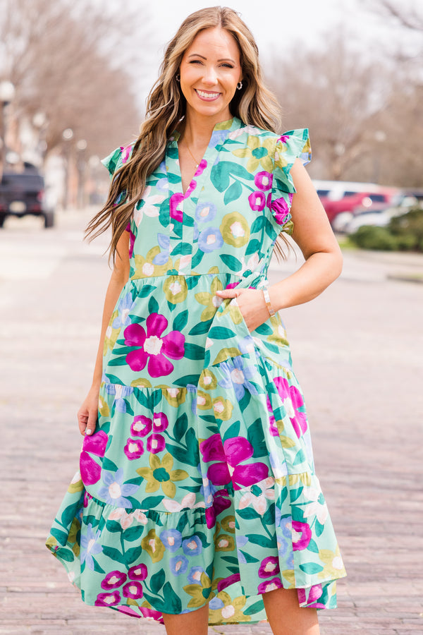 Chic Soul plus size clothing, sage midi dress with floral print with v neckline and ruffle short sleeves