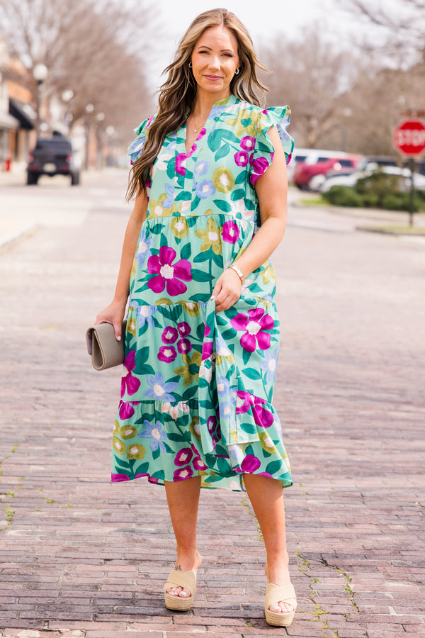 Chic Soul plus size clothing, sage midi dress with floral print with v neckline and ruffle short sleeves