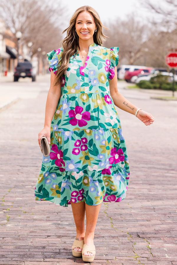 Chic Soul plus size clothing, sage midi dress with floral print with v neckline and ruffle short sleeves