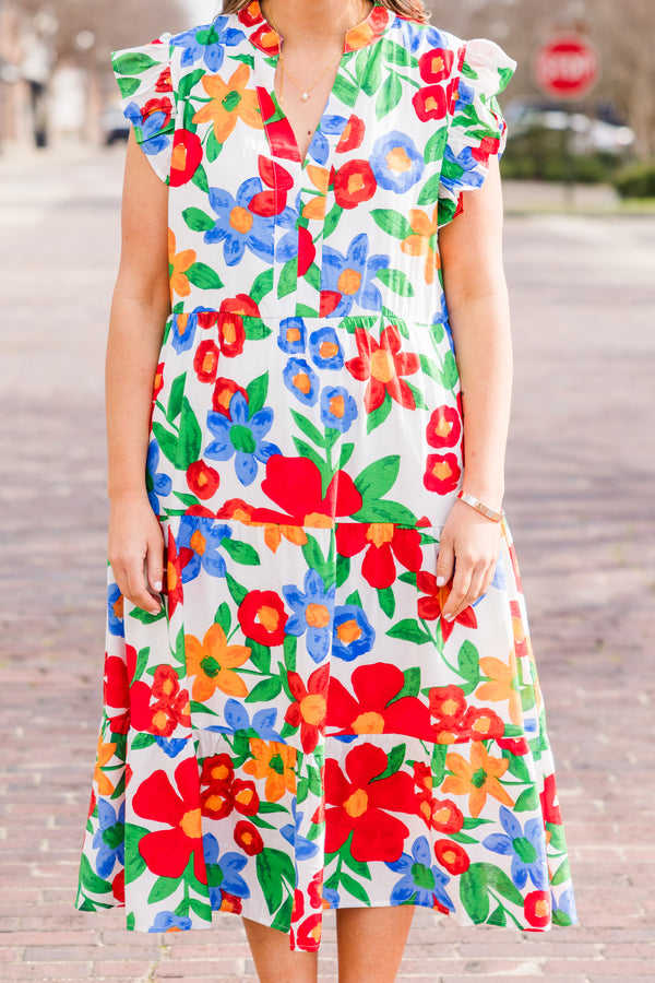 Chic Soul plus size clothing, white floral multi print midi dress with ruffle sleeves with v neckline and pockets