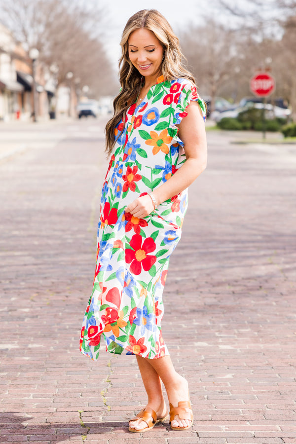 Chic Soul plus size clothing, white floral multi print midi dress with ruffle sleeves with v neckline and pockets