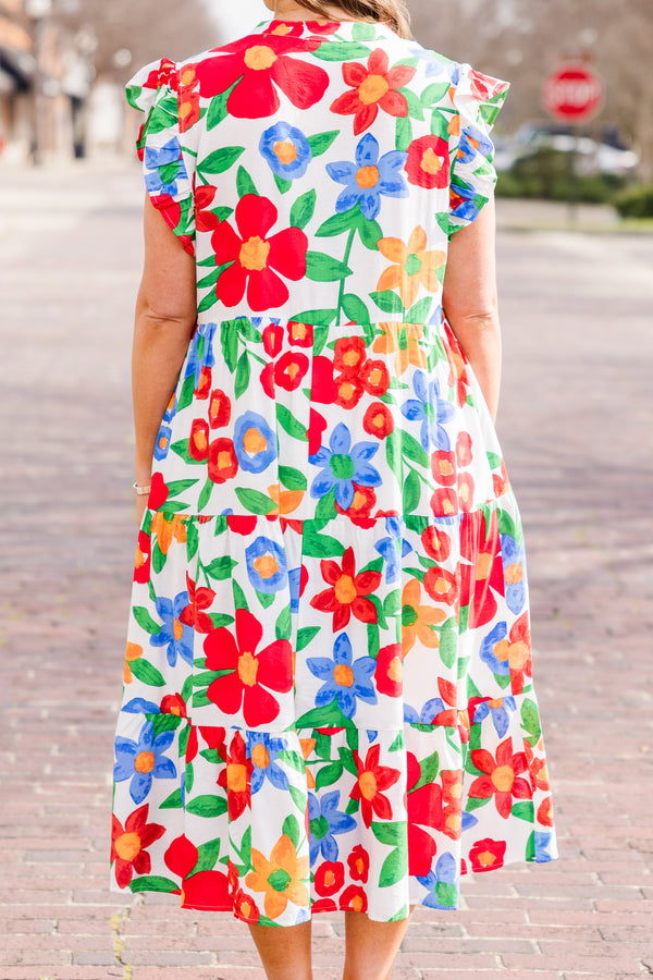 Chic Soul plus size clothing, white floral multi print midi dress with ruffle sleeves with v neckline and pockets