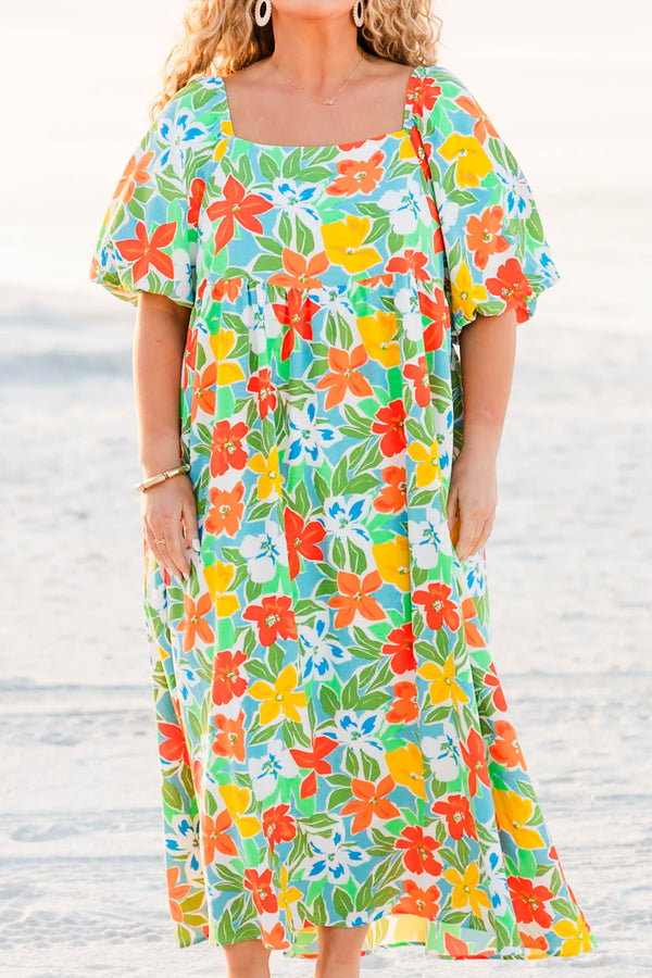 Chic Soul plus size clothing, blue maxi dress with multicolored floral print with synch waist with puff sleeves and square neck