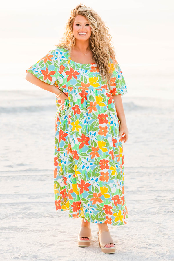 Chic Soul plus size clothing, blue maxi dress with multicolored floral print with synch waist with puff sleeves and square neck