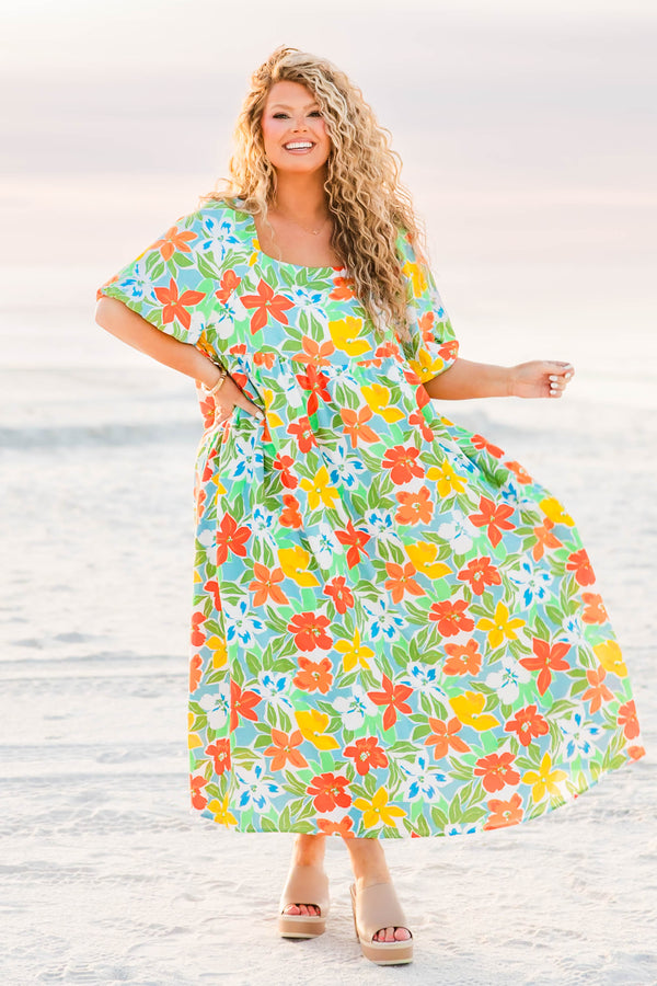 Chic Soul plus size clothing, blue maxi dress with multicolored floral print with synch waist with puff sleeves and square neck