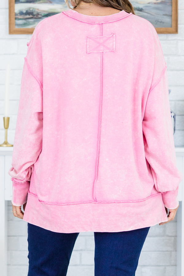 Chic Soul plus size clothing, long-sleeve mauve pink acid wash pullover sweatshirt with crew neckline