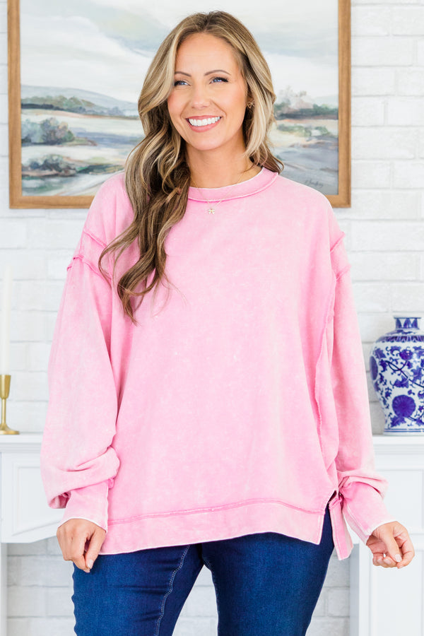 Chic Soul plus size clothing, long-sleeve mauve pink acid wash pullover sweatshirt with crew neckline