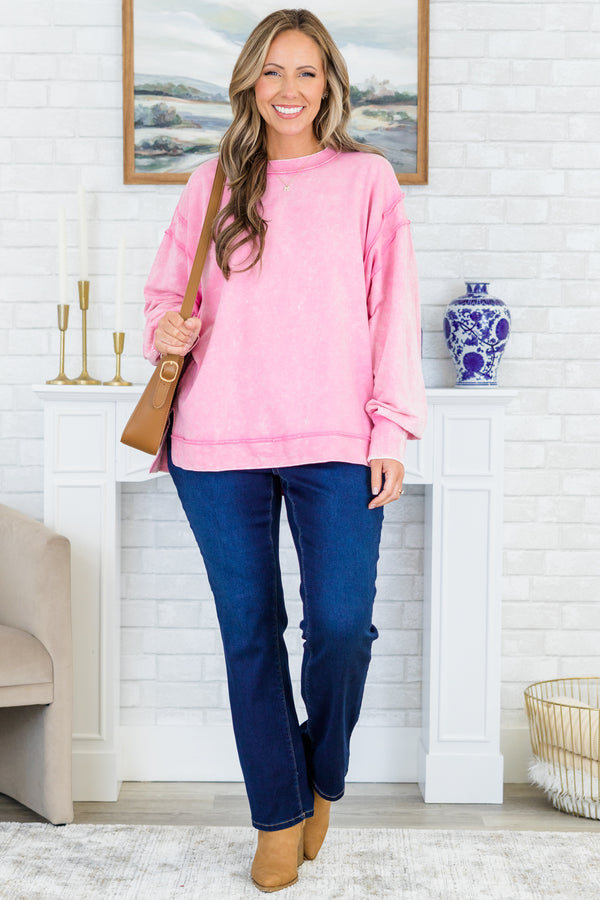 Chic Soul plus size clothing, long-sleeve mauve pink acid wash pullover sweatshirt with crew neckline