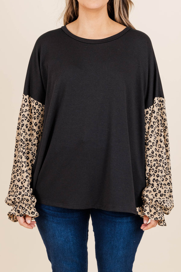 Chic Soul plus size clothing, black top with taupe leopard pattern bubble sleeves