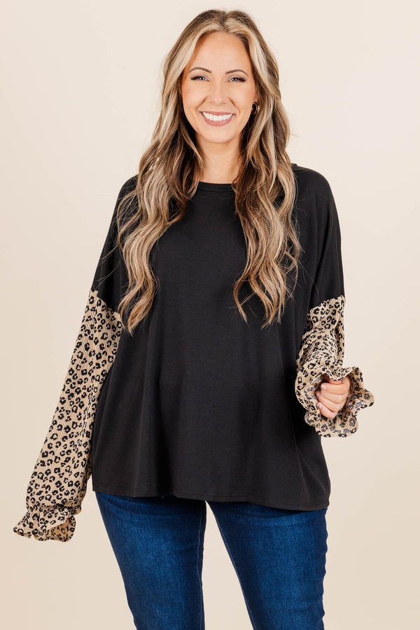 Chic Soul plus size clothing, black top with taupe leopard pattern bubble sleeves