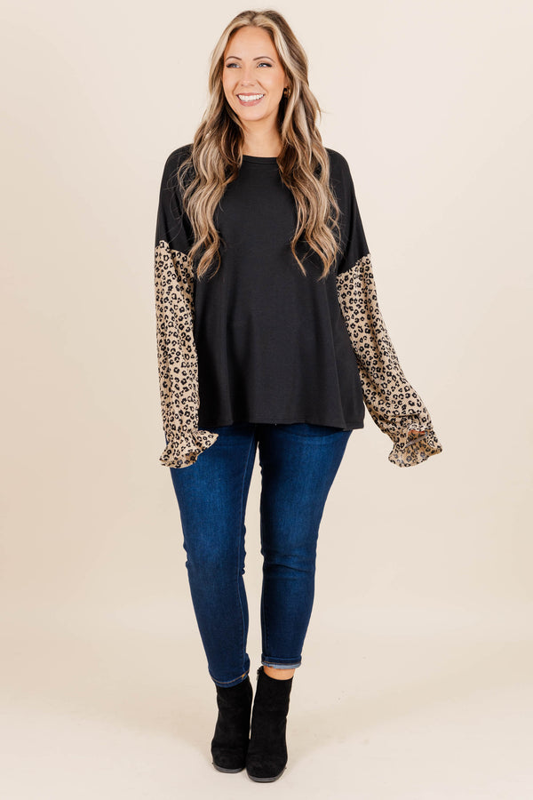 Chic Soul plus size clothing, black top with taupe leopard pattern bubble sleeves
