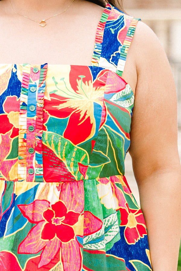 Chic Soul plus size clothing, red tropical floral midi dress with button detailing at the top