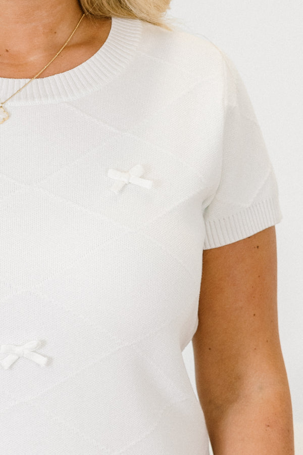 Chic Soul plus size clothing, white short sleeve crewneck sweater with attached small white bows