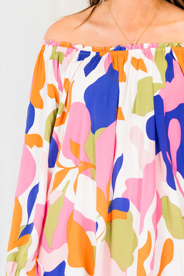 Chic Soul plus size clothing, pink multi off the shoulder top with long sleeves and abstract print