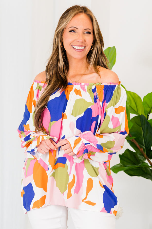 Chic Soul plus size clothing, pink multi off the shoulder top with long sleeves and abstract print