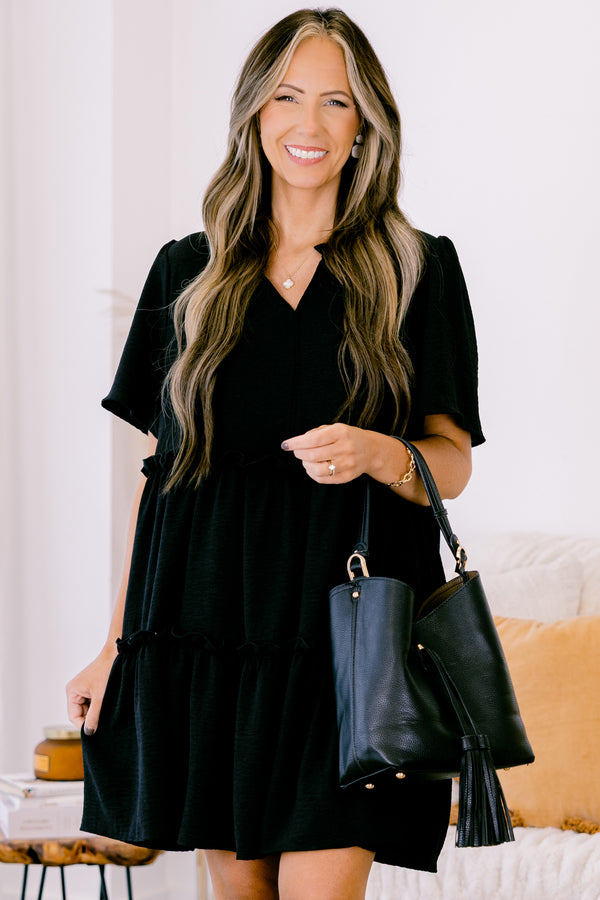 Chic Soul plus size clothing, black short sleeve mini dress with tiered detail with v neckline and collar detail