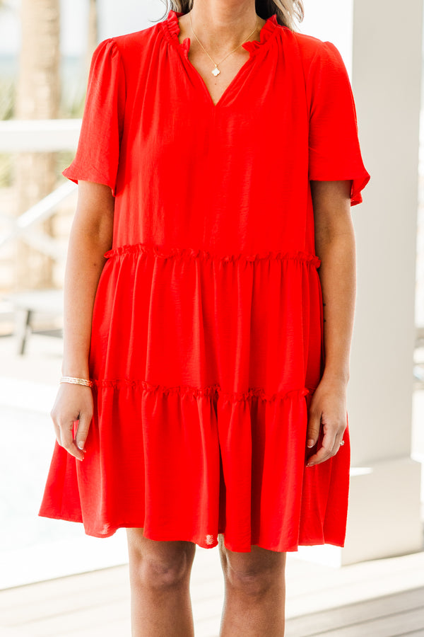 Chic Soul plus size clothing, short-sleeve bright red ruffled tiered baby doll short dress with a split-v-neckline 