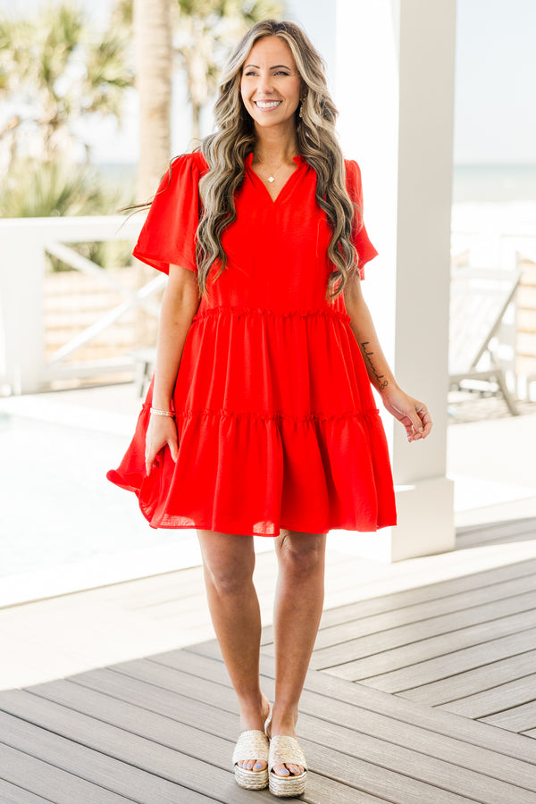 Chic Soul plus size clothing, short-sleeve bright red ruffled tiered baby doll short dress with a split-v-neckline 