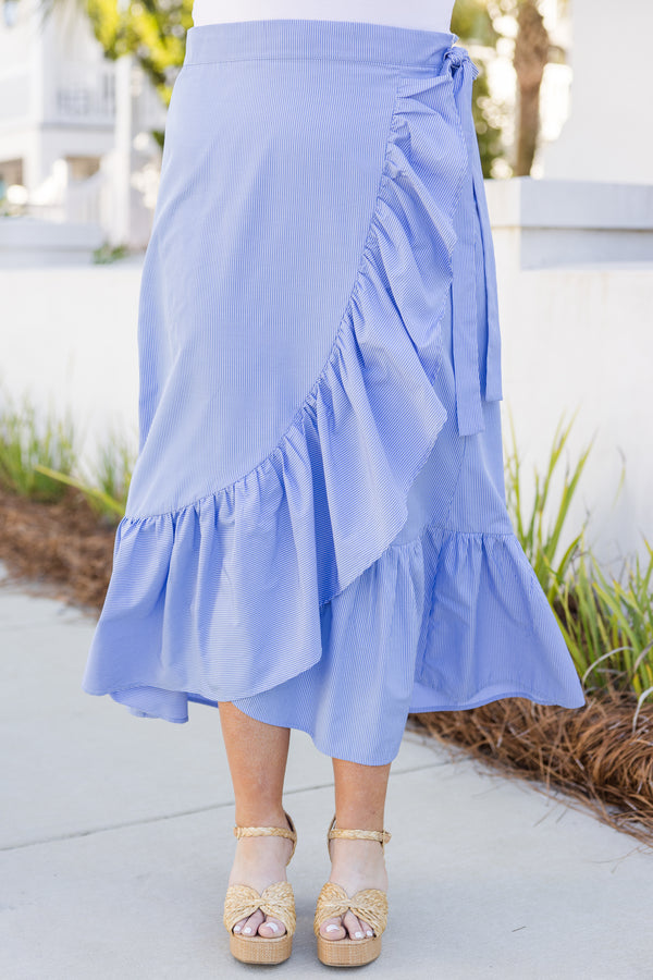 Chic Soul plus size clothing, blue striped maxi skirt with ruffle overlay that ties on the side of the waist as well as a ruffle detail at the bottom of the skirt