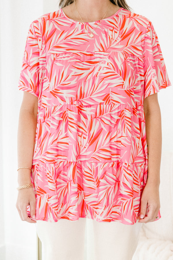 Chic Soul plus size clothing, pink multi tropical print short sleeve tiered top with round neckline 